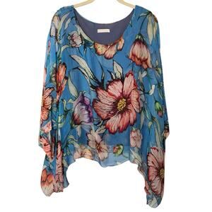 Made In Italy Sz L Silk Blouse Top Womens M Blue Floral Casual Boho Flowy